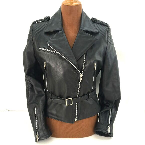 Vintage Bermans Leather Motorcycle‎ Jacket Womens Sz 12 Black Biker Belted USA - Picture 1 of 10